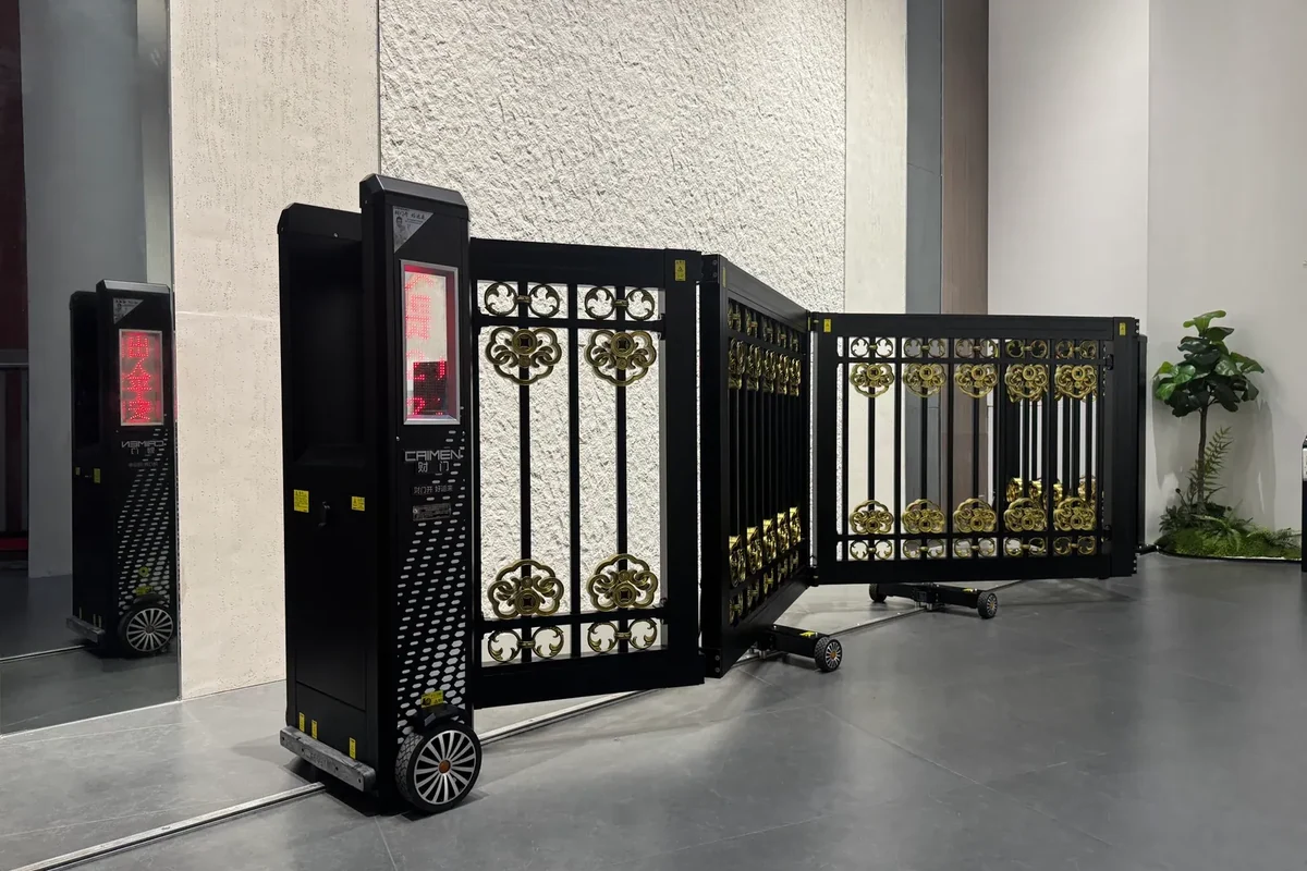 CAIMEN sectional sliding gate turned around a corner in the showroom.