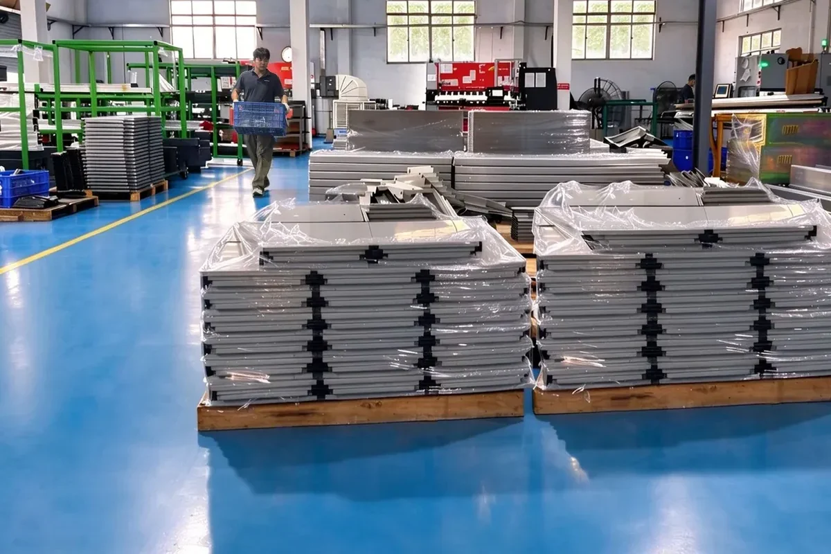 Verpackte Torelemente auf Holzpaletten in der CAIMEN Fertigung.