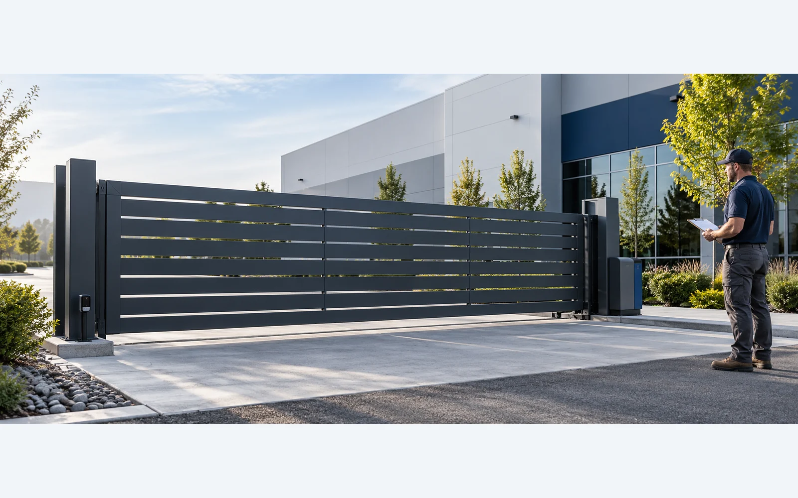 AI-generated illustration of an automatic sliding gate with a technician holding a maintenance checklist