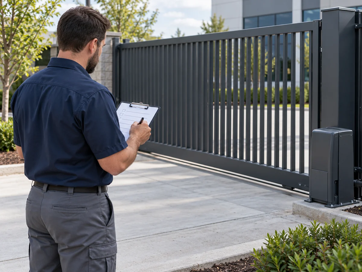 AI-generated illustration: Technician recording visual observations of an automatic gate