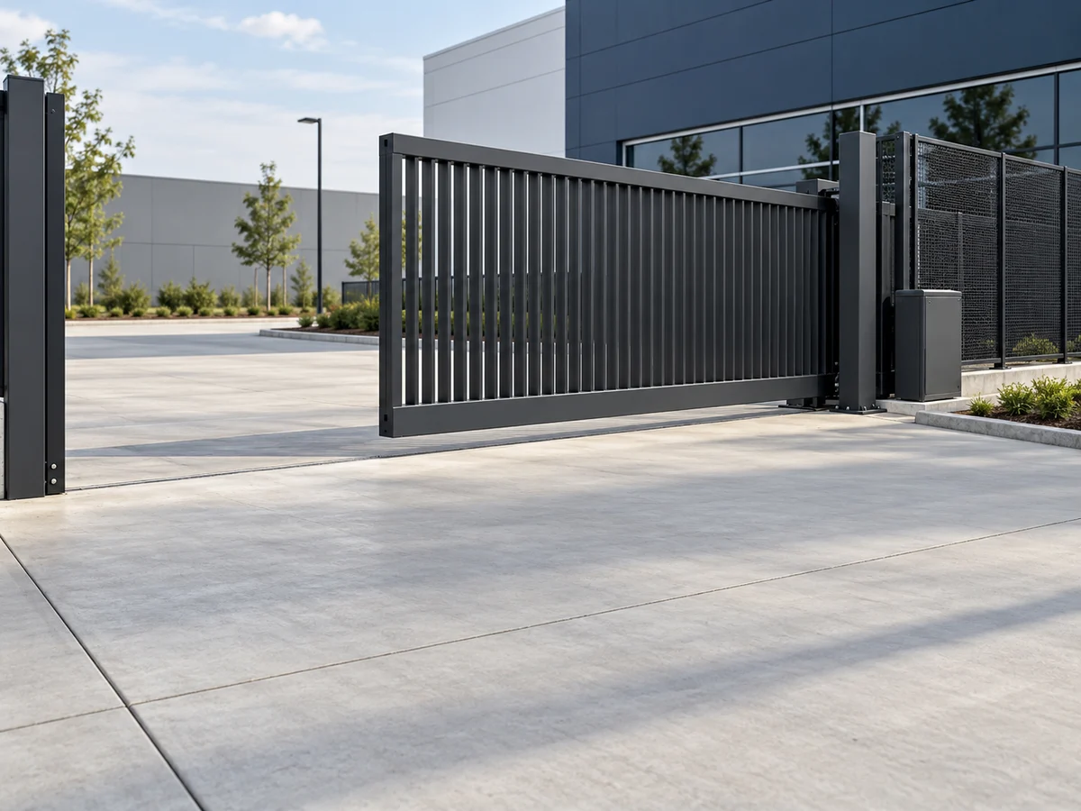 AI-generated illustration: Clear driveway around a partially open sliding gate
