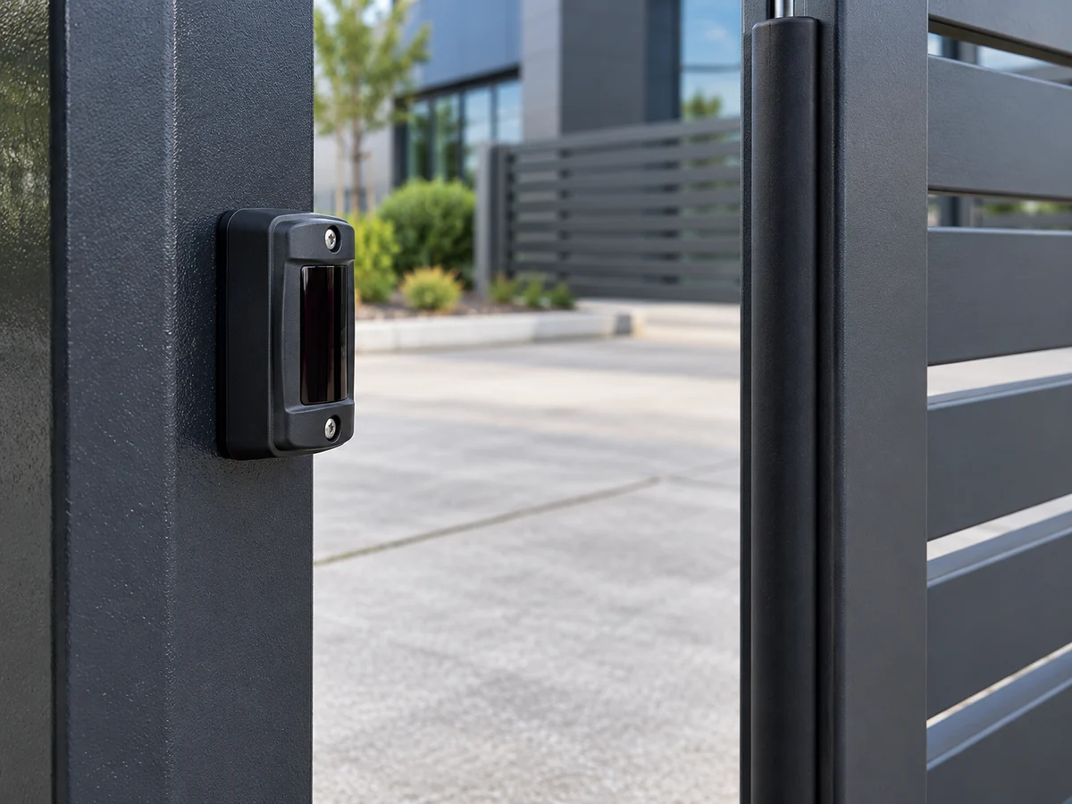 AI-generated illustration: Close-up of a gate photocell sensor and rubber safety edge