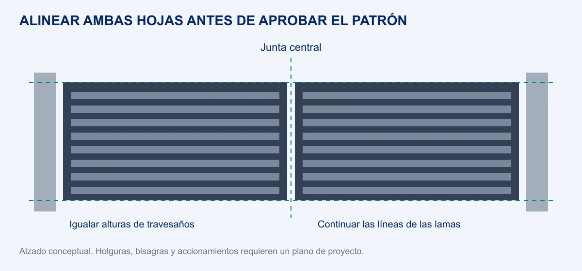 Alzado conceptual de una puerta abatible doble con travesaños a la misma altura, junta central y líneas continuas de lamas; no es un plano de instalación acotado