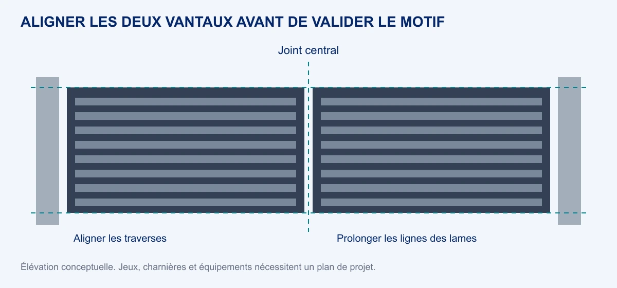 Élévation conceptuelle d'un portail à deux vantaux avec traverses à la même hauteur, joint central et lignes de lames continues ; ce n'est pas un plan de pose coté