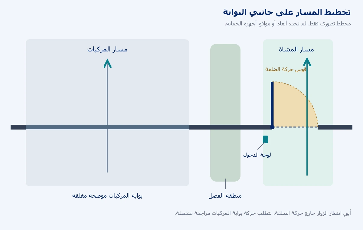 مخطط تصوري يفصل مسار المشاة عن مدخل المركبات ويوضح قوس حركة ضلفة المشاة؛ يجب تأكيد حركتي البوابتين ومواقع الانتظار والمسارات اللاحقة وفق الموقع الفعلي