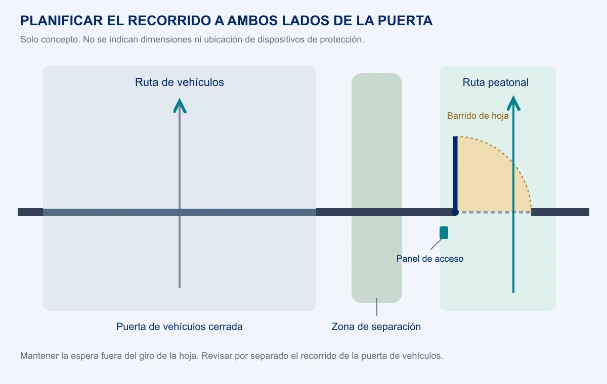 Plano conceptual que separa el recorrido peatonal de la entrada de vehículos y muestra el barrido de la hoja peatonal; confirme ambos movimientos, zonas de espera y recorridos posteriores en el emplazamiento real