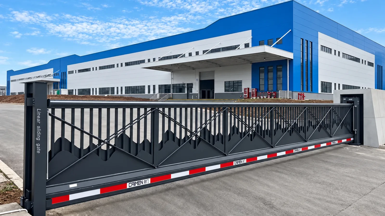 Long sliding gate at an industrial building entrance