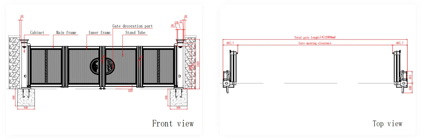 Bi-folding gate engineering drawing showing gate dimensions and folding structure
