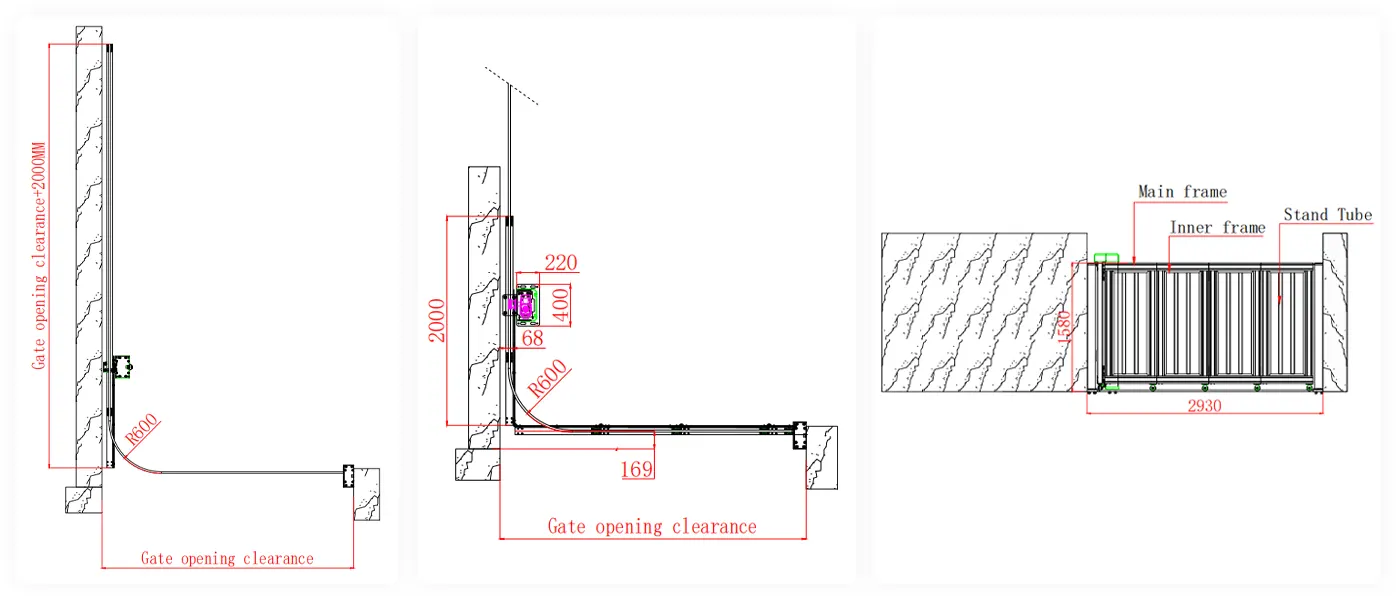 Sectional sliding gate engineering drawing showing curved track and panel arrangement