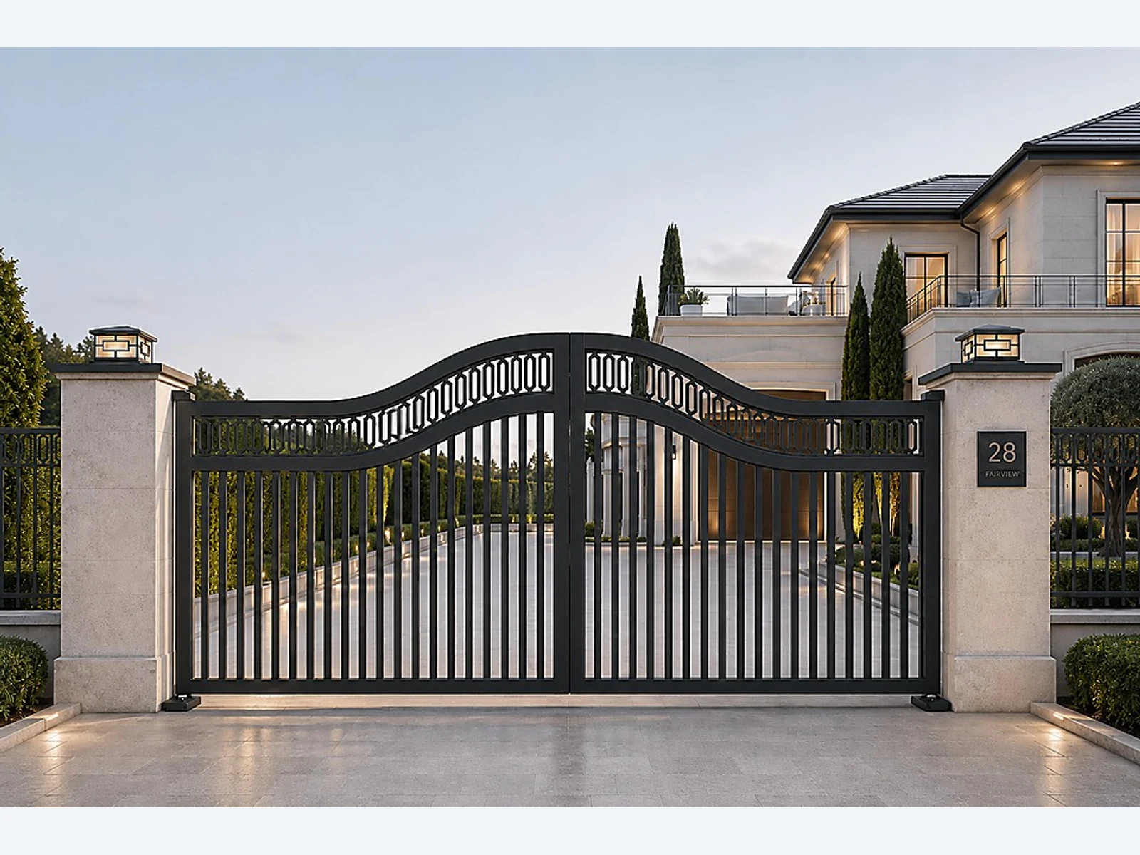 CAIMEN aluminum double-leaf swing gate at a residential entrance