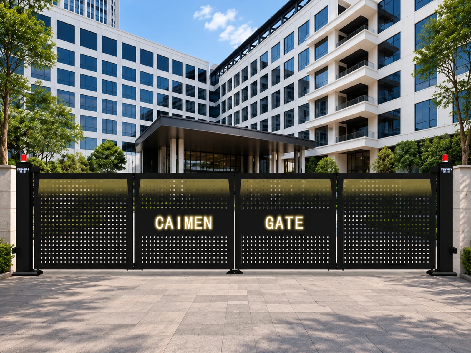 CAIMEN aluminum bi-folding gate installed at a commercial vehicle entrance