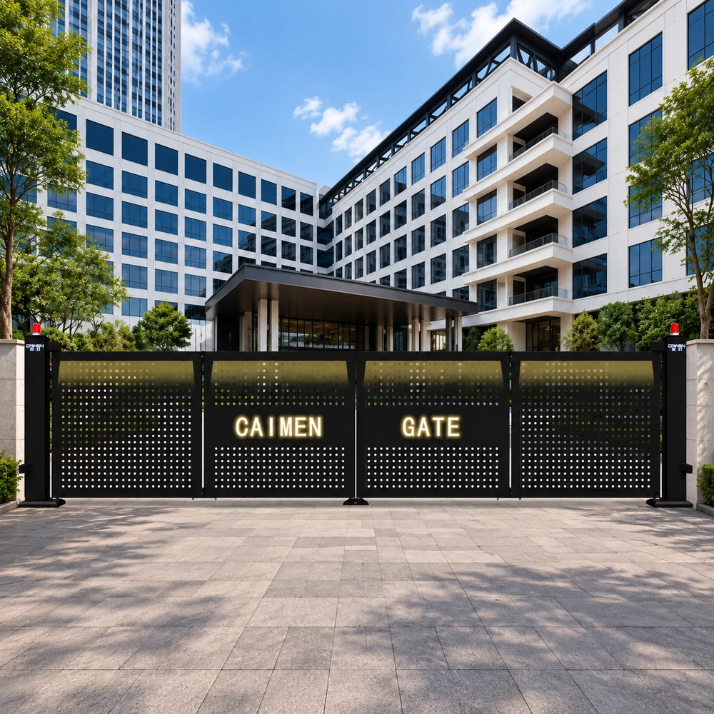 CAIMEN aluminum bi-folding gate installed at a commercial vehicle entrance