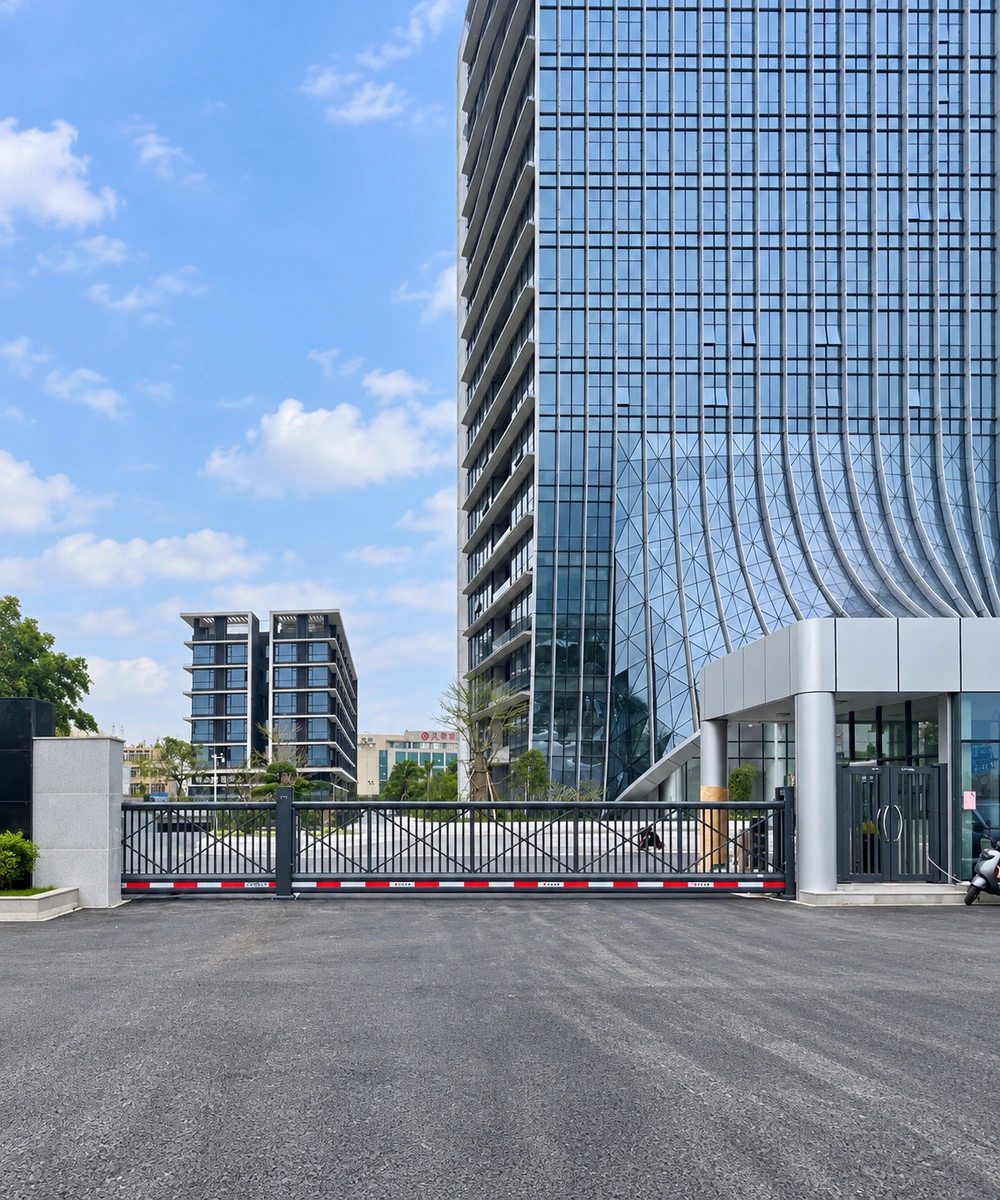 CAIMEN cantilever gate at a commercial building entrance; AI-edited presentation