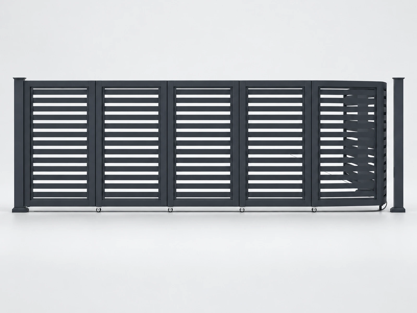 CAIMEN sectional sliding gate product display with connected panels and a curved end section