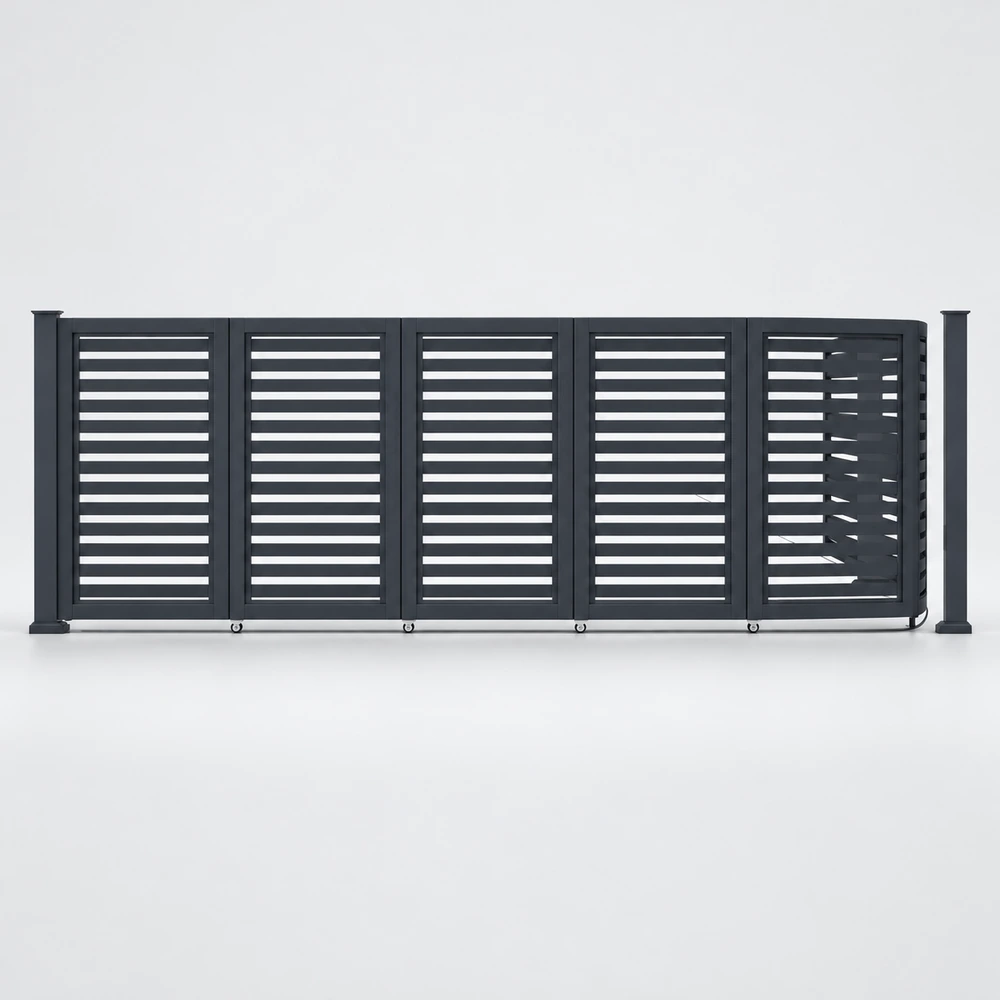 CAIMEN sectional sliding gate product display with connected panels and a curved end section