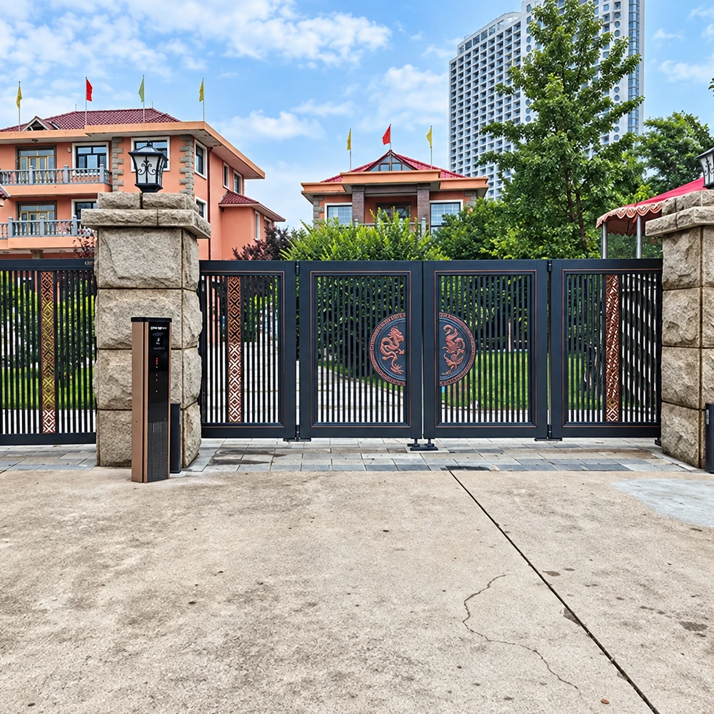 CAIMEN aluminum double-leaf swing gate at a residential entrance