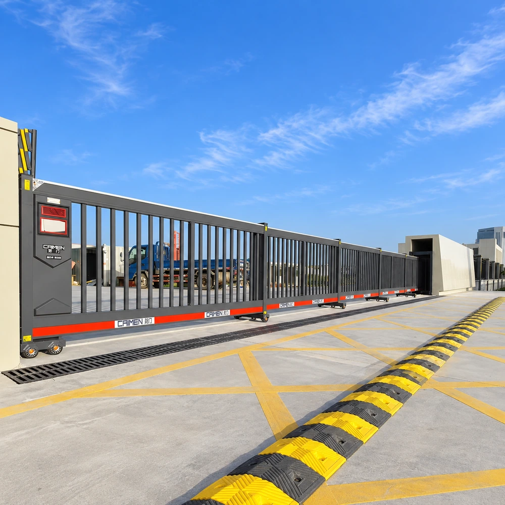 CAIMEN aluminum telescopic sliding gate installed at an industrial vehicle entrance