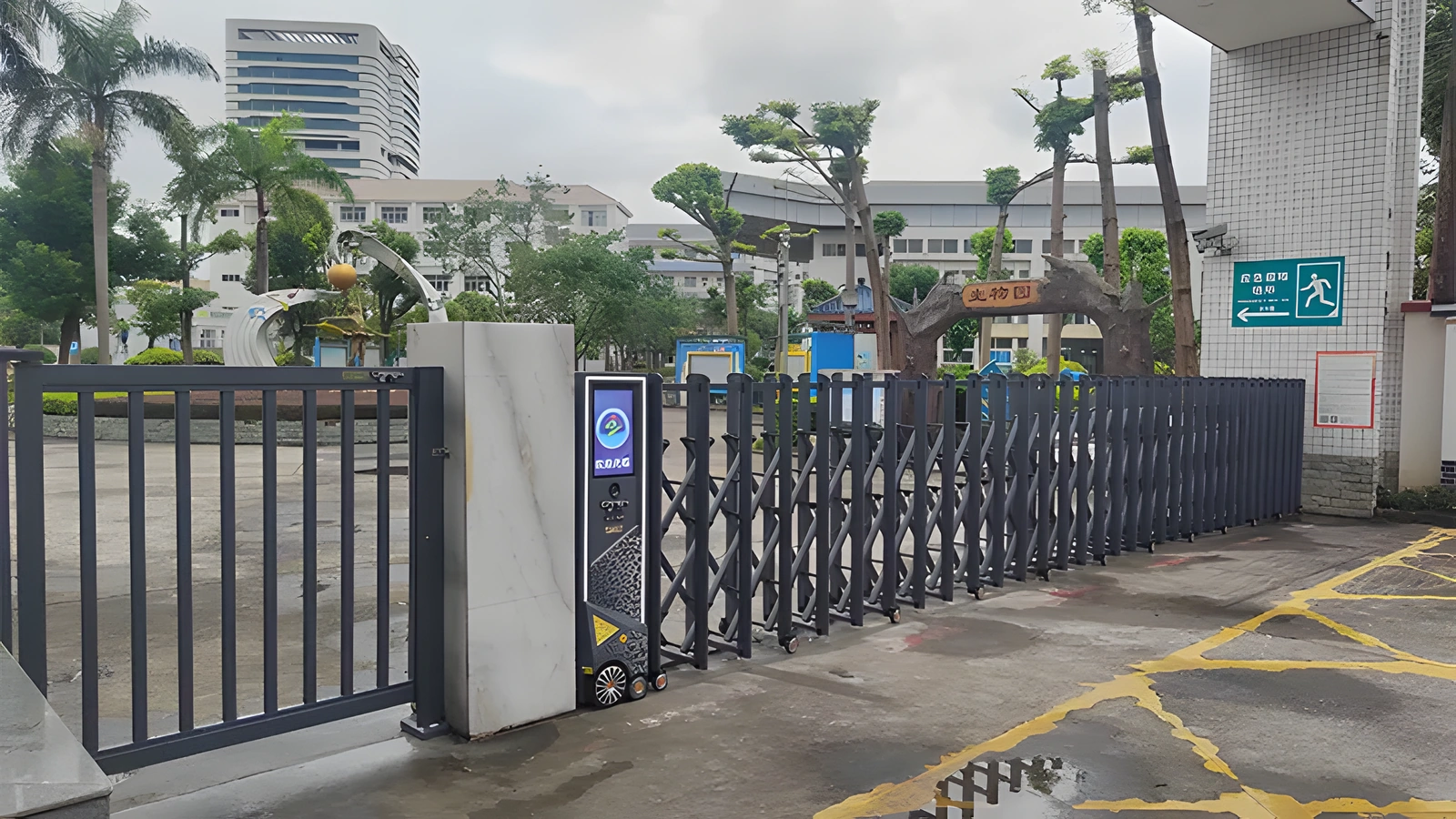 Retractable gate controlling a landscaped property entrance