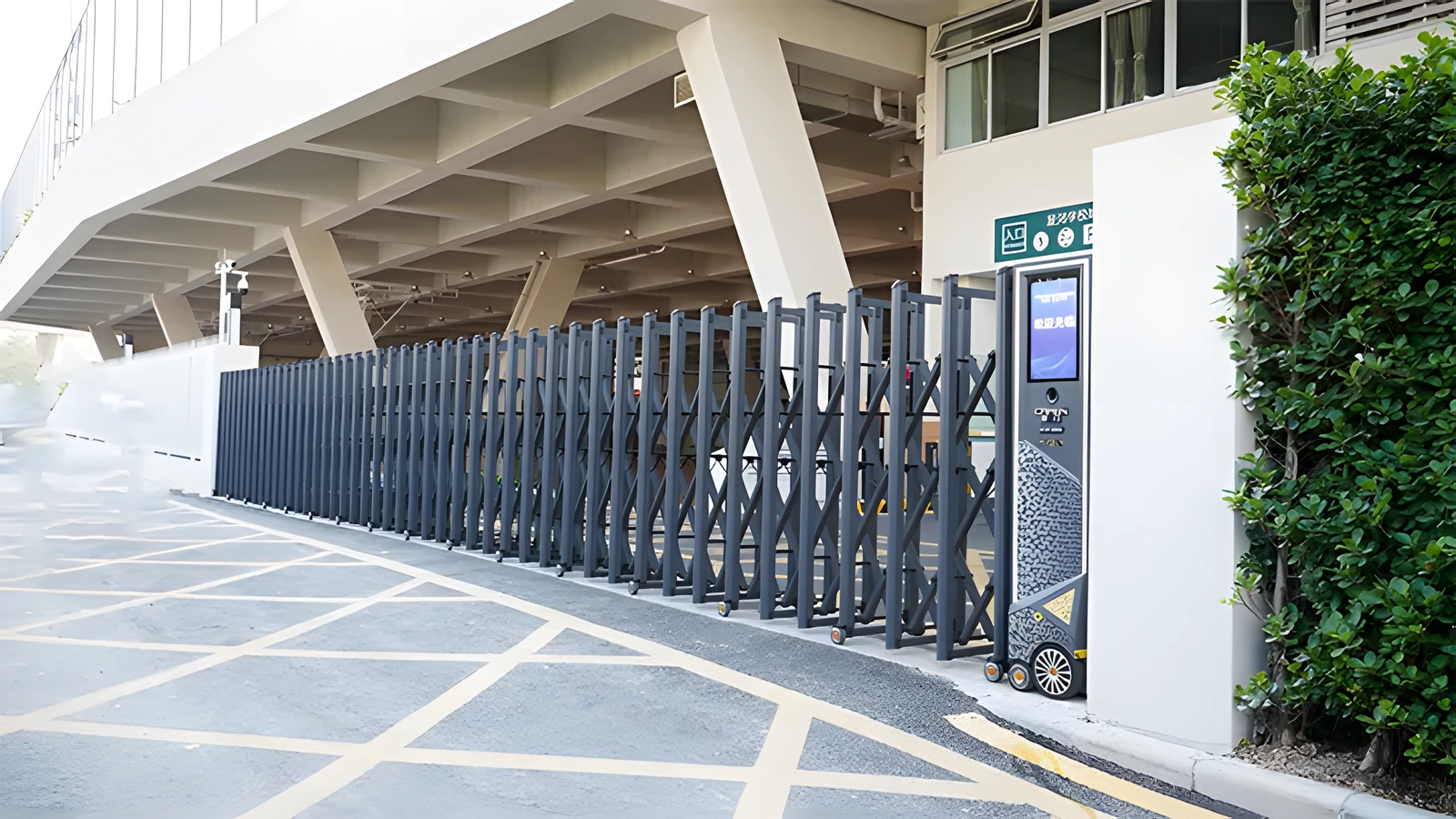 Retractable gate installed beside a modern transport facility