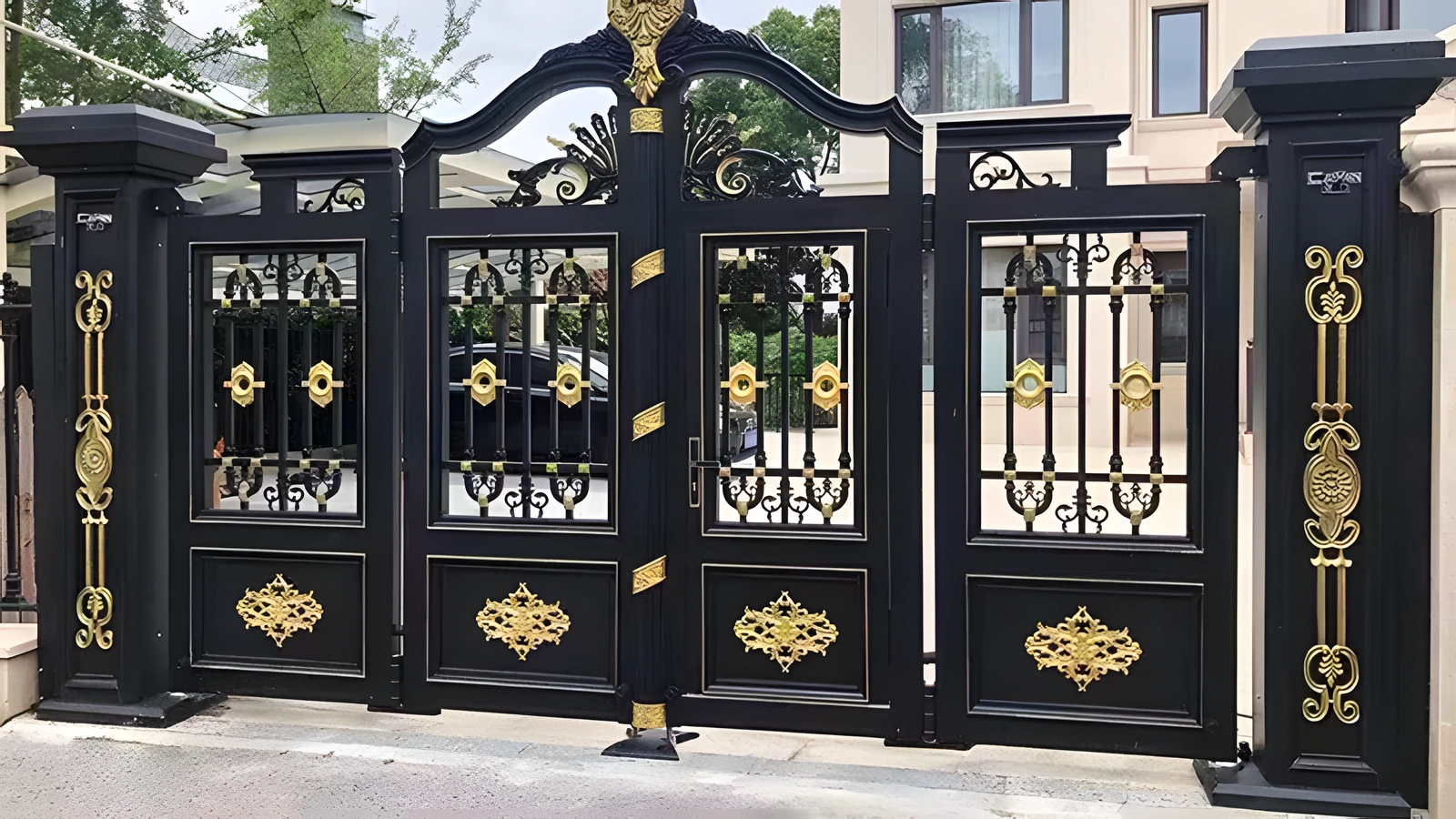 Ornate swing gate installed at a private residential entrance