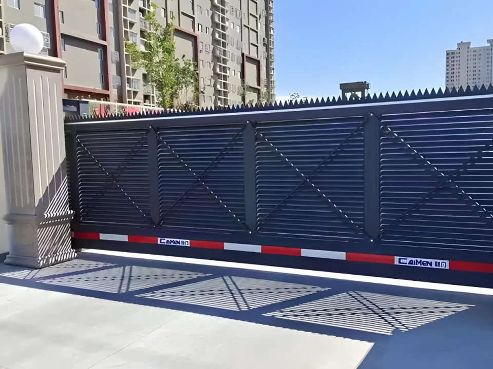 Solid-panel cantilever gate installed at a residential entrance